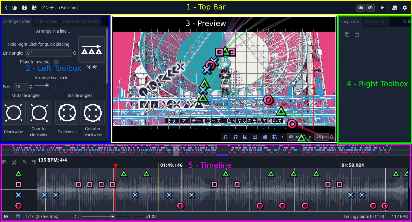 The Editor, with the 5 main areas anotated