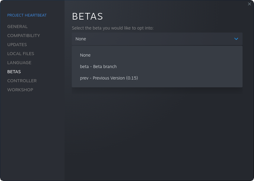 The beta selection dropdown