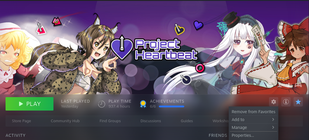 The Steam Library page for Project Heartbeat, with the Manage Menu visible