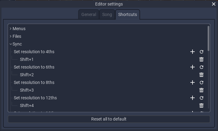 The Shortcut Manager, with the Sync category expanded