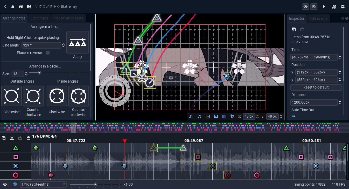 A screenshot of the Editor, while arranging a sustain and some doubles